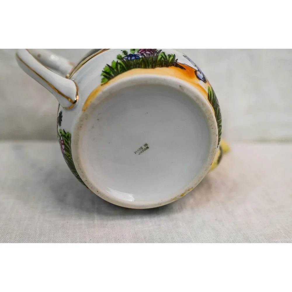 Vintage Japanese Tea Pot Hand Painted Landscape Mount Fuji Gold Trim Yellow Blue